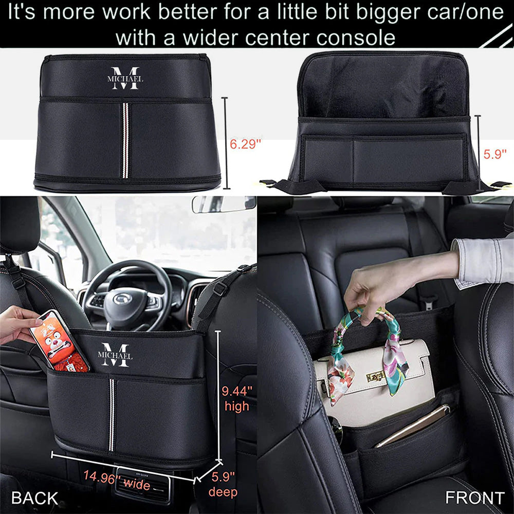 Personalized Name Sign Car Purse Holder for Car Handbag Holder Between Seats Premium PU Leather, Custom Fit For Your Cars, Gift For Mother's Day, Gift For Father's Day, Gift For Dad - Delicate Leather