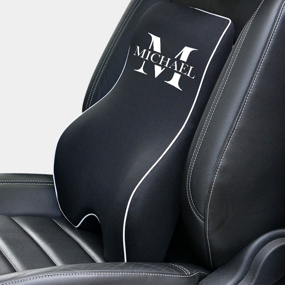Personalized Name Sign Lumbar Support Cushion for Car and Headrest Neck Pillow Kit, Ergonomically Design for Car Seat, Gift For Father's Day 2025, Gift For Dad - Delicate Leather