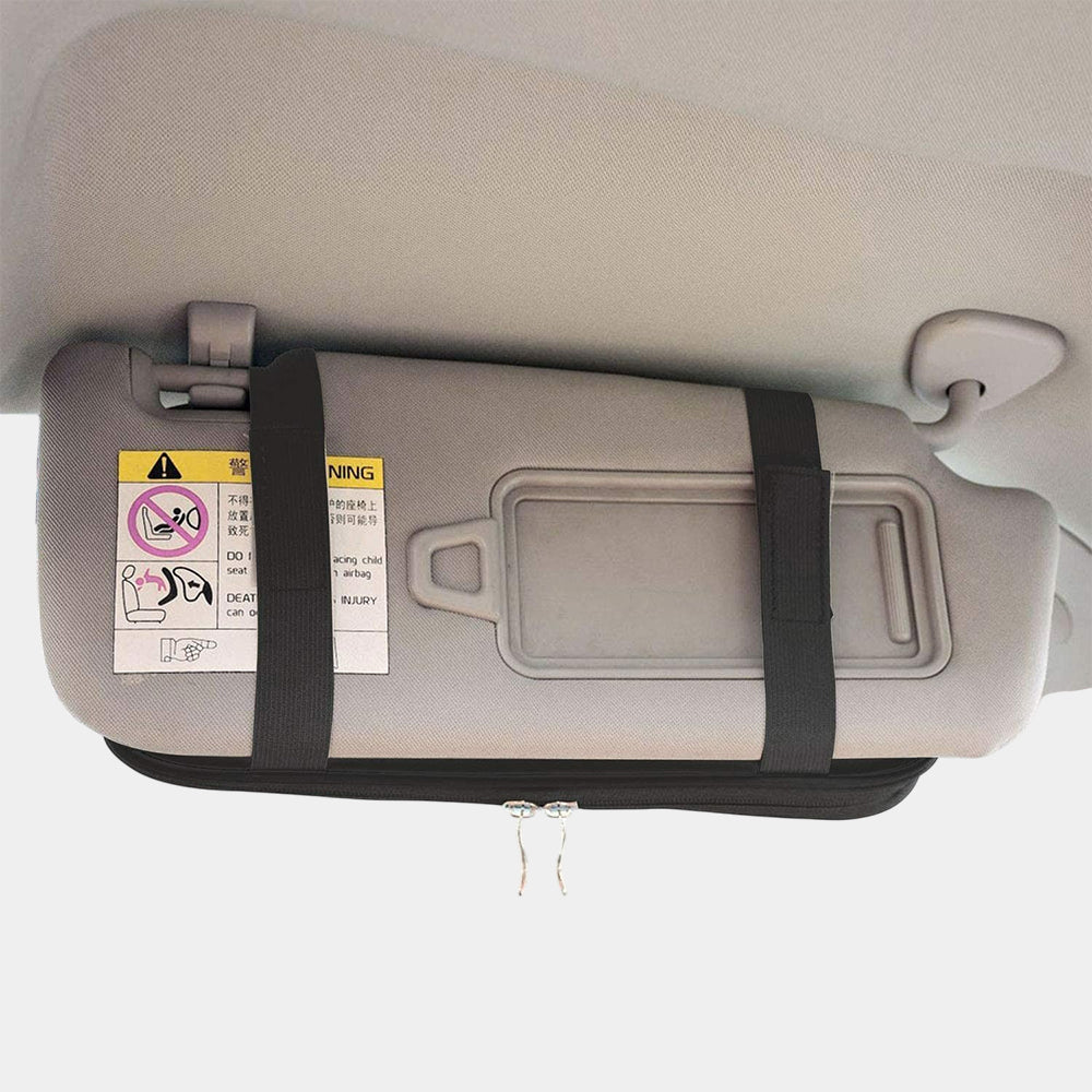 Car Sun Visor Organier Truck SUV Sun Visor Storage Pocket PU Leather Pouch Holder with Multi-Pocket Double Zipper Net Pocket, for Cards Pens Sunglasses Document Newest, Universal Fit for All Cars, Car Accessories