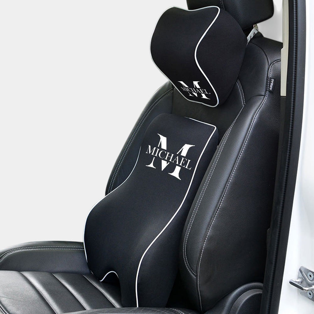 Personalized Name Sign Lumbar Support Cushion for Car and Headrest Neck Pillow Kit, Ergonomically Design for Car Seat, Gift For Father's Day 2025, Gift For Dad - Delicate Leather