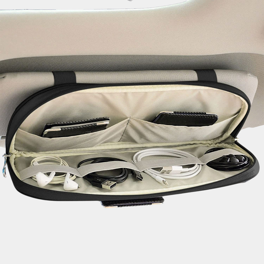 Car Sun Visor Organier Truck SUV Sun Visor Storage Pocket PU Leather Pouch Holder with Multi-Pocket Double Zipper Net Pocket, for Cards Pens Sunglasses Document Newest, Universal Fit for All Cars, Car Accessories