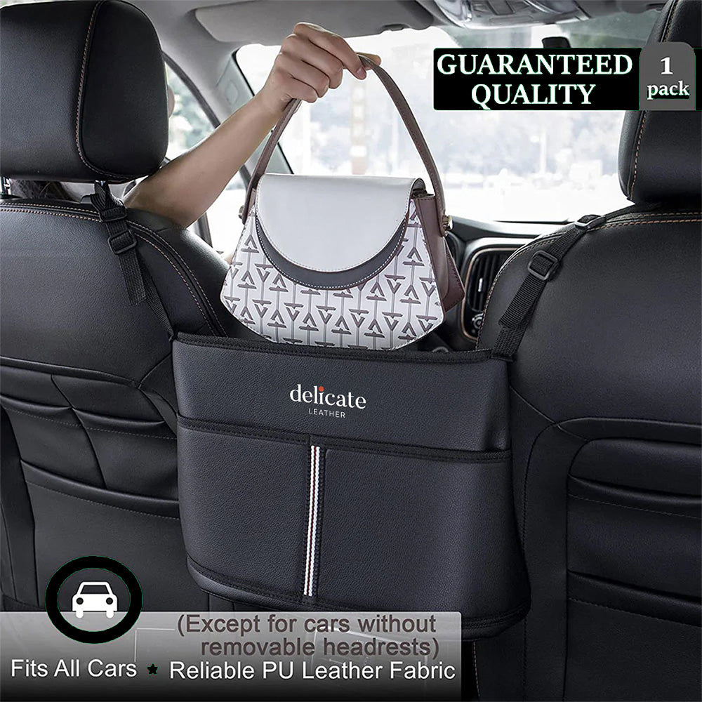 Car Purse Holder for Car Handbag Holder Between Seats Premium PU Leather, Custom Fit For Your Cars, Auto Driver Or Passenger Accessories Organizer, Hanging Car Purse Storage Pocket Back Seat Pet Barrier JE11991 - Delicate Leather