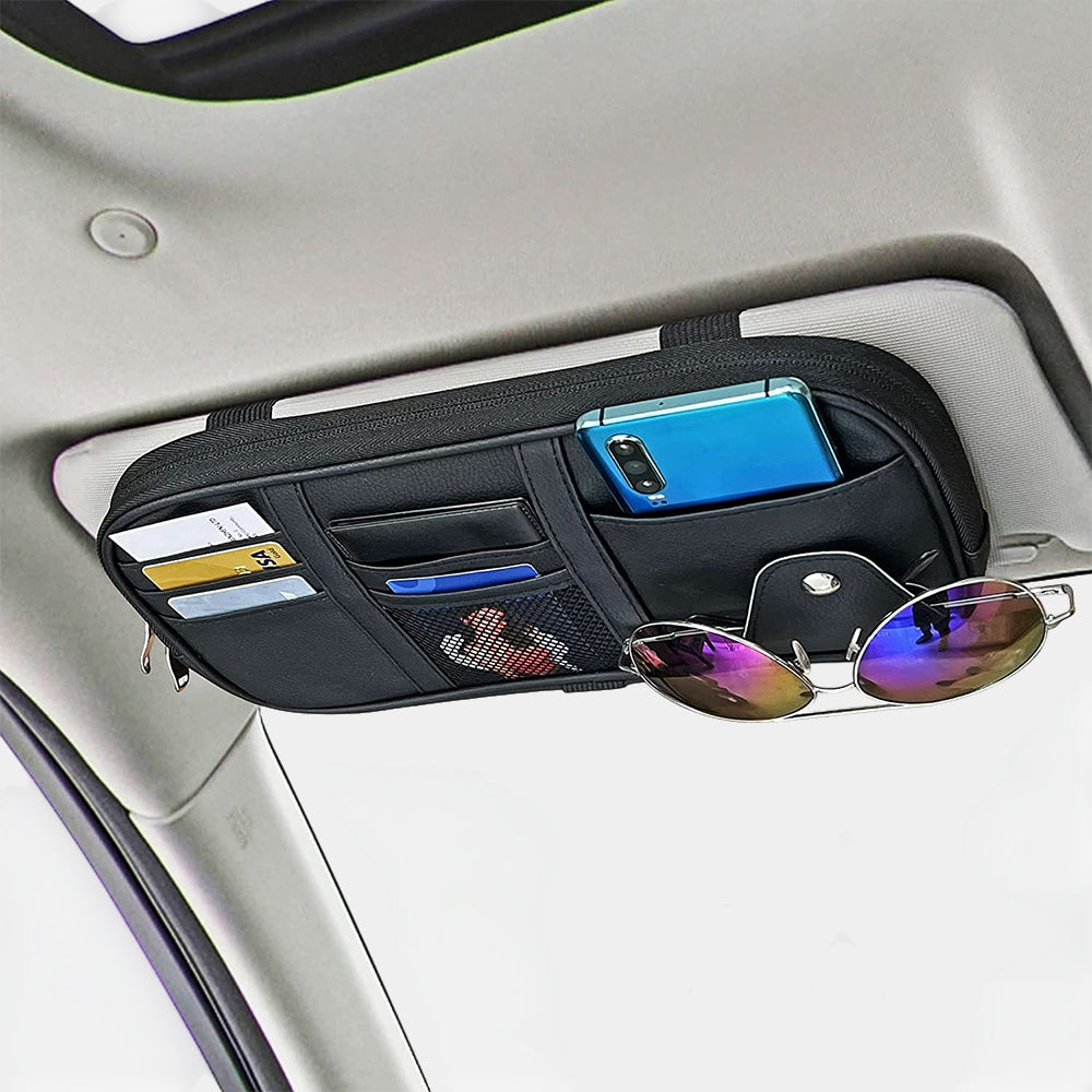 Car Sun Visor Organier Truck SUV Sun Visor Storage Pocket PU Leather Pouch Holder with Multi-Pocket Double Zipper Net Pocket, for Cards Pens Sunglasses Document Newest, Universal Fit for All Cars, Car Accessories