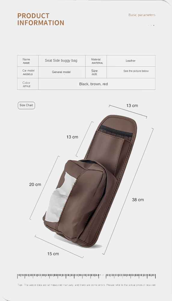 Leather Car Seat Side Storage Bag - Universal Hanging Auto Seat Organizer with Tissue Box Holder and Mesh Pocket