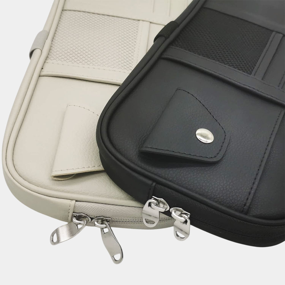 Car Sun Visor Organier Truck SUV Sun Visor Storage Pocket PU Leather Pouch Holder with Multi-Pocket Double Zipper Net Pocket, for Cards Pens Sunglasses Document Newest, Universal Fit for All Cars, Car Accessories
