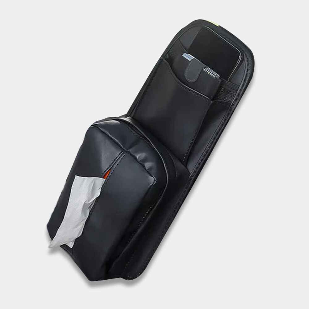 Leather Car Seat Side Storage Bag - Universal Hanging Auto Seat Organizer with Tissue Box Holder and Mesh Pocket