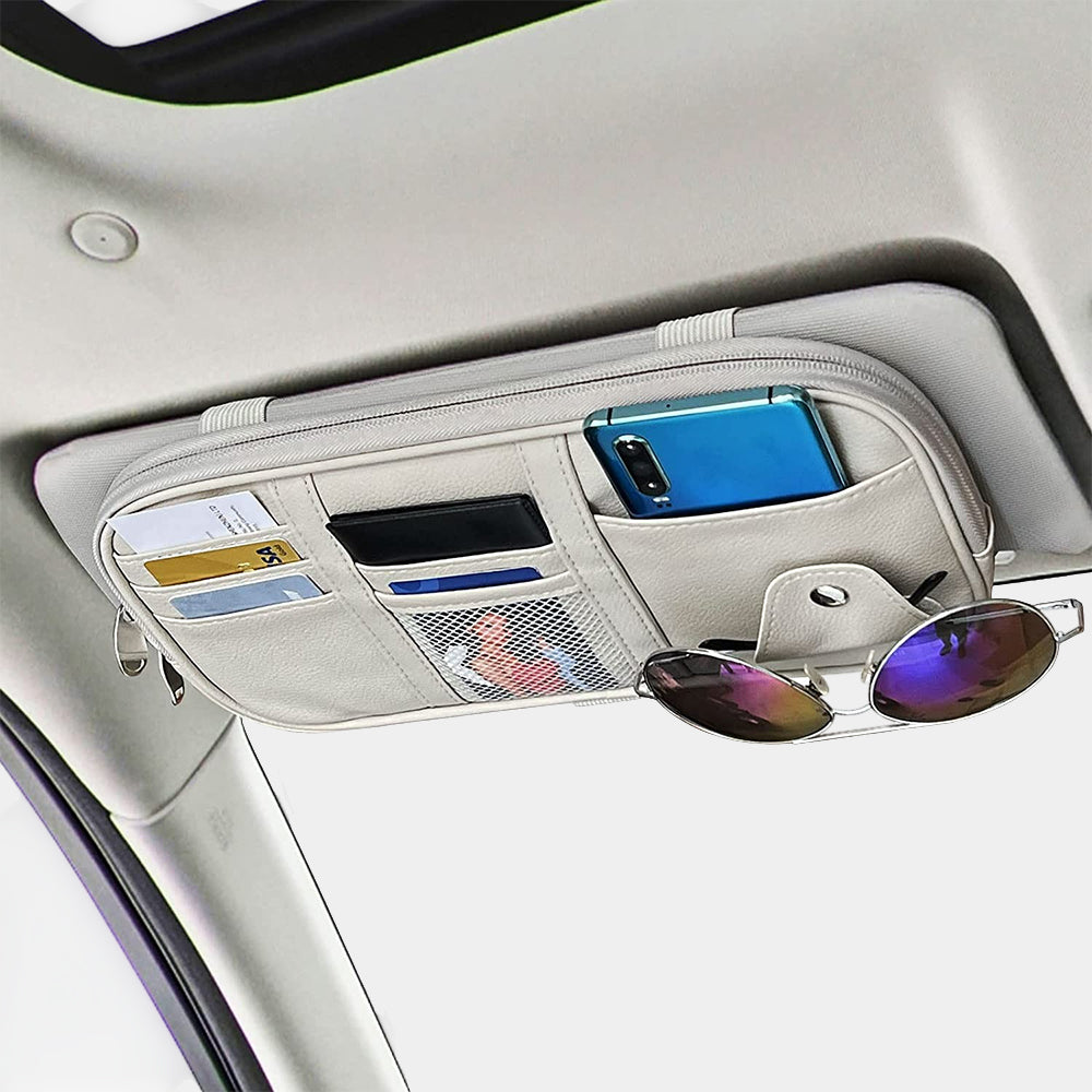 Car Sun Visor Organier Truck SUV Sun Visor Storage Pocket PU Leather Pouch Holder with Multi-Pocket Double Zipper Net Pocket, for Cards Pens Sunglasses Document Newest, Universal Fit for All Cars, Car Accessories