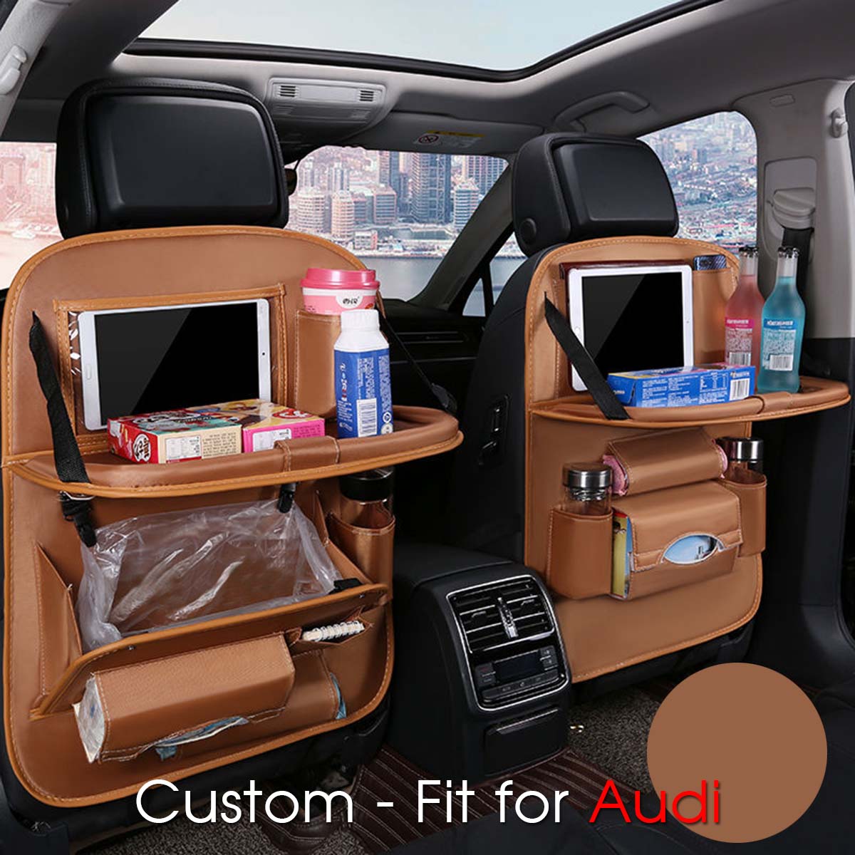 Backseat Organizer With Tablet Holder PU Leather, Custom-Fit For Car, Car Seat Back Protectors Kick With Foldable Table Tray Car Seat Organizer DLRA240 - Delicate Leather