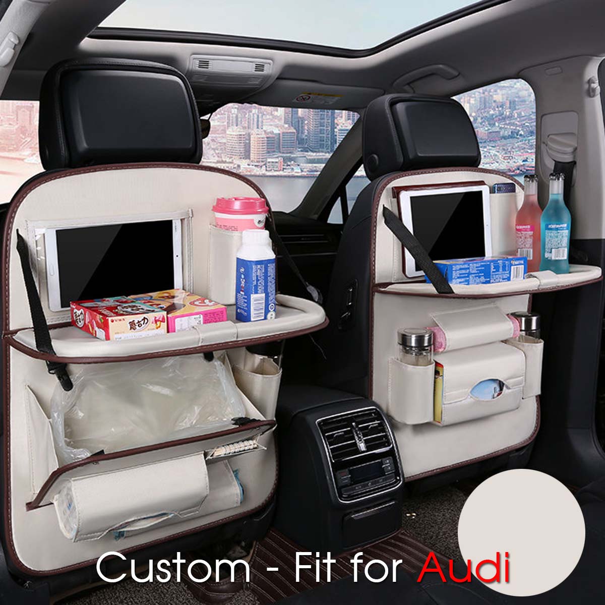 Backseat Organizer With Tablet Holder PU Leather, Custom-Fit For Car, Car Seat Back Protectors Kick With Foldable Table Tray Car Seat Organizer DLRA240 - Delicate Leather