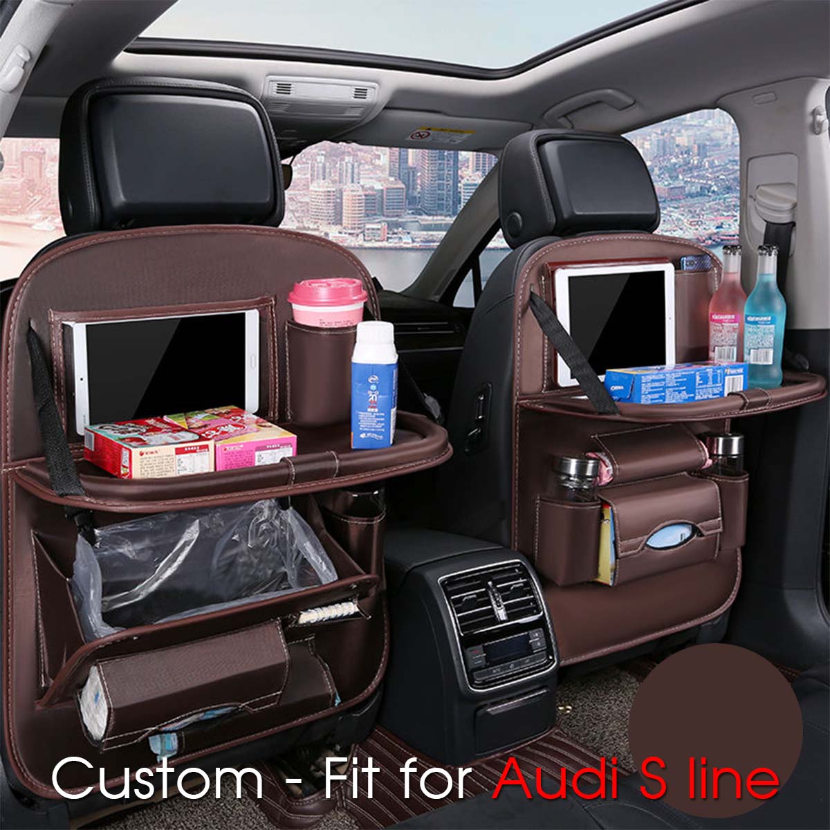 Backseat Organizer With Tablet Holder PU Leather, Custom-Fit For Car, Car Seat Back Protectors Kick With Foldable Table Tray Car Seat Organizer DLVE240 - Delicate Leather