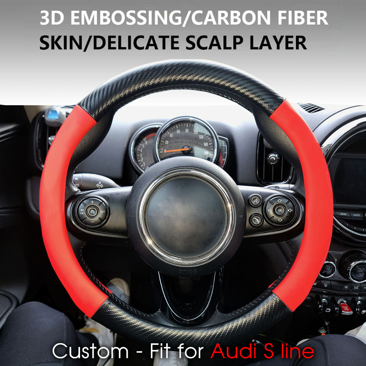 Delicate Leather Steering Wheel Cover – Custom-Fit for Audi S line, 3D Carbon Fiber Texture Sport Style, Non-Slip Leather Grip for Interior Upgrade - Delicate Leather