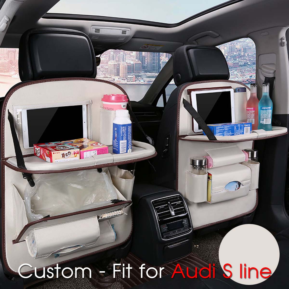 Backseat Organizer With Tablet Holder PU Leather, Custom-Fit For Car, Car Seat Back Protectors Kick With Foldable Table Tray Car Seat Organizer DLVE240 - Delicate Leather