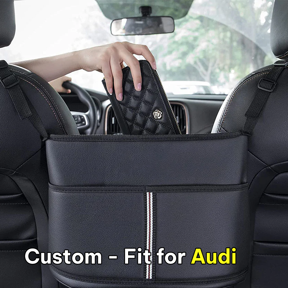 Car Purse Holder for Car Handbag Holder Between Seats Premium PU Leather, Custom Fit For Audi, Hanging Car Purse Storage Pocket Back Seat Pet Barrier DLRA223 - Delicate Leather