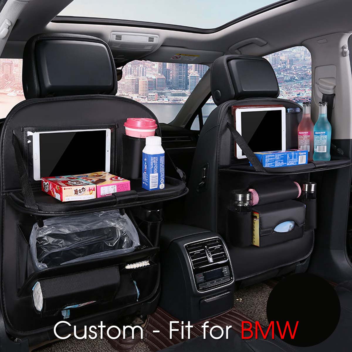 Backseat Organizer With Tablet Holder PU Leather, Custom-Fit For Car, Car Seat Back Protectors Kick With Foldable Table Tray Car Seat Organizer DLKX240 - Delicate Leather