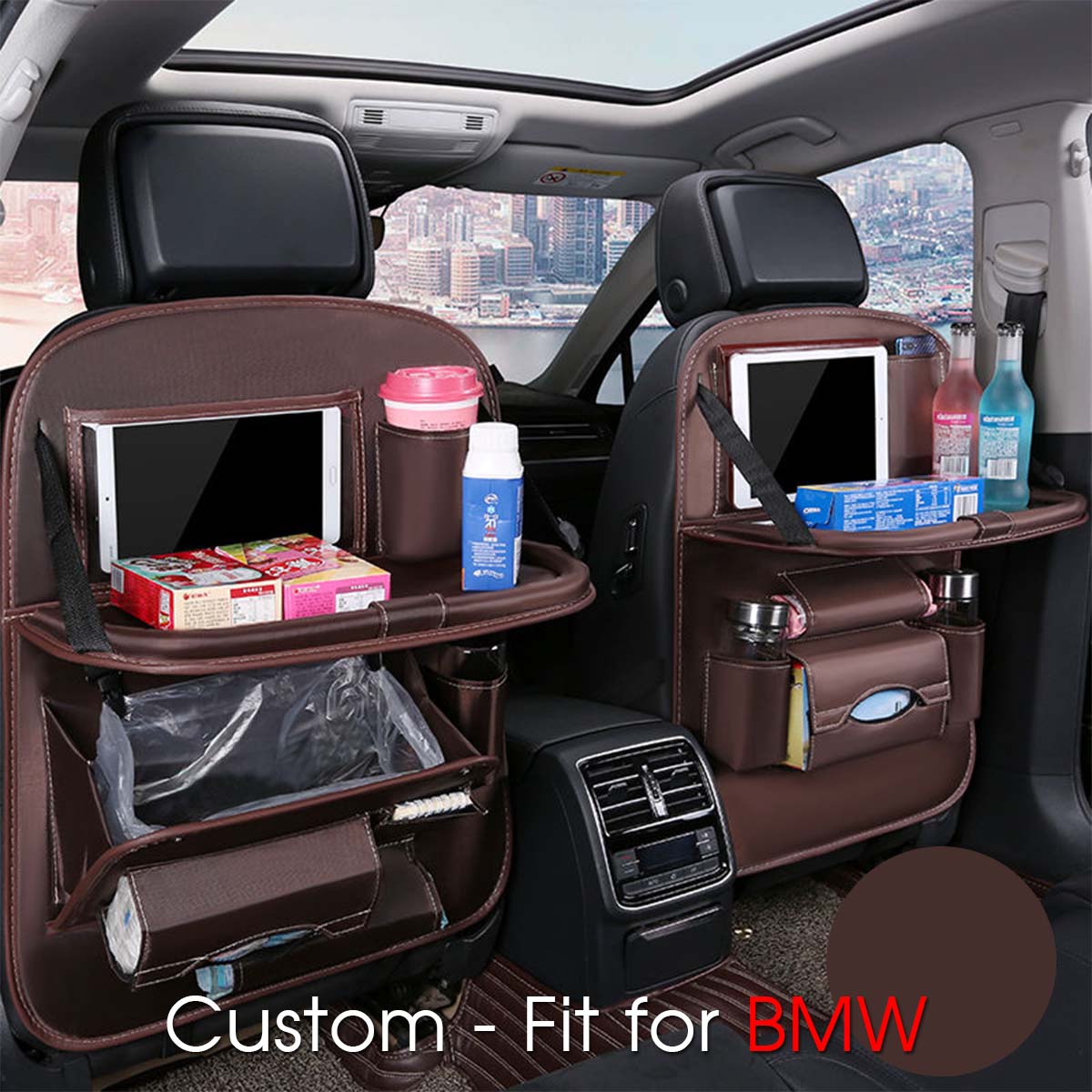 Backseat Organizer With Tablet Holder PU Leather, Custom-Fit For Car, Car Seat Back Protectors Kick With Foldable Table Tray Car Seat Organizer DLKX240 - Delicate Leather