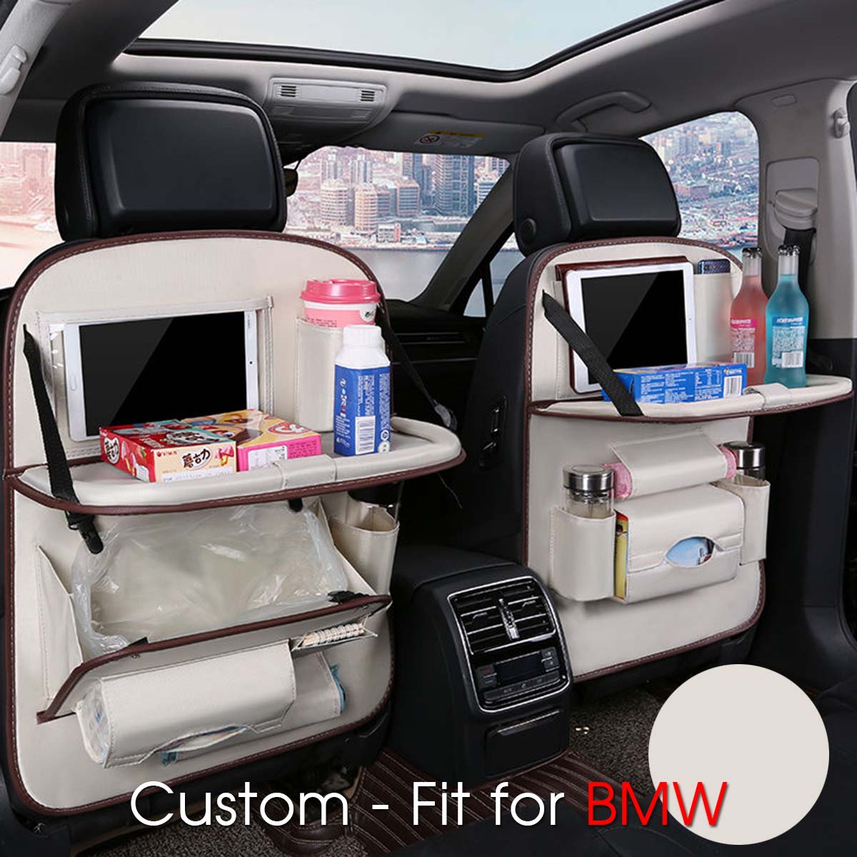 Backseat Organizer With Tablet Holder PU Leather, Custom-Fit For Car, Car Seat Back Protectors Kick With Foldable Table Tray Car Seat Organizer DLKX240 - Delicate Leather