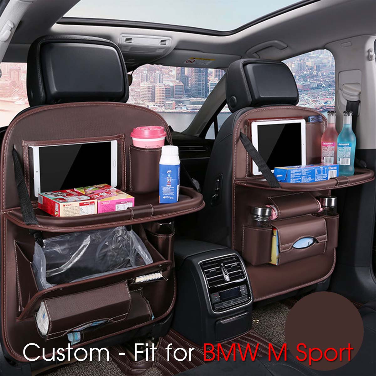 Backseat Organizer With Tablet Holder PU Leather, Custom Fit For Your Cars, Backseat Car Organizer, Car Seat Back Protectors Kick With Foldable Table Tray Car Seat Organizer, Car Accessories KO15987 - Delicate Leather