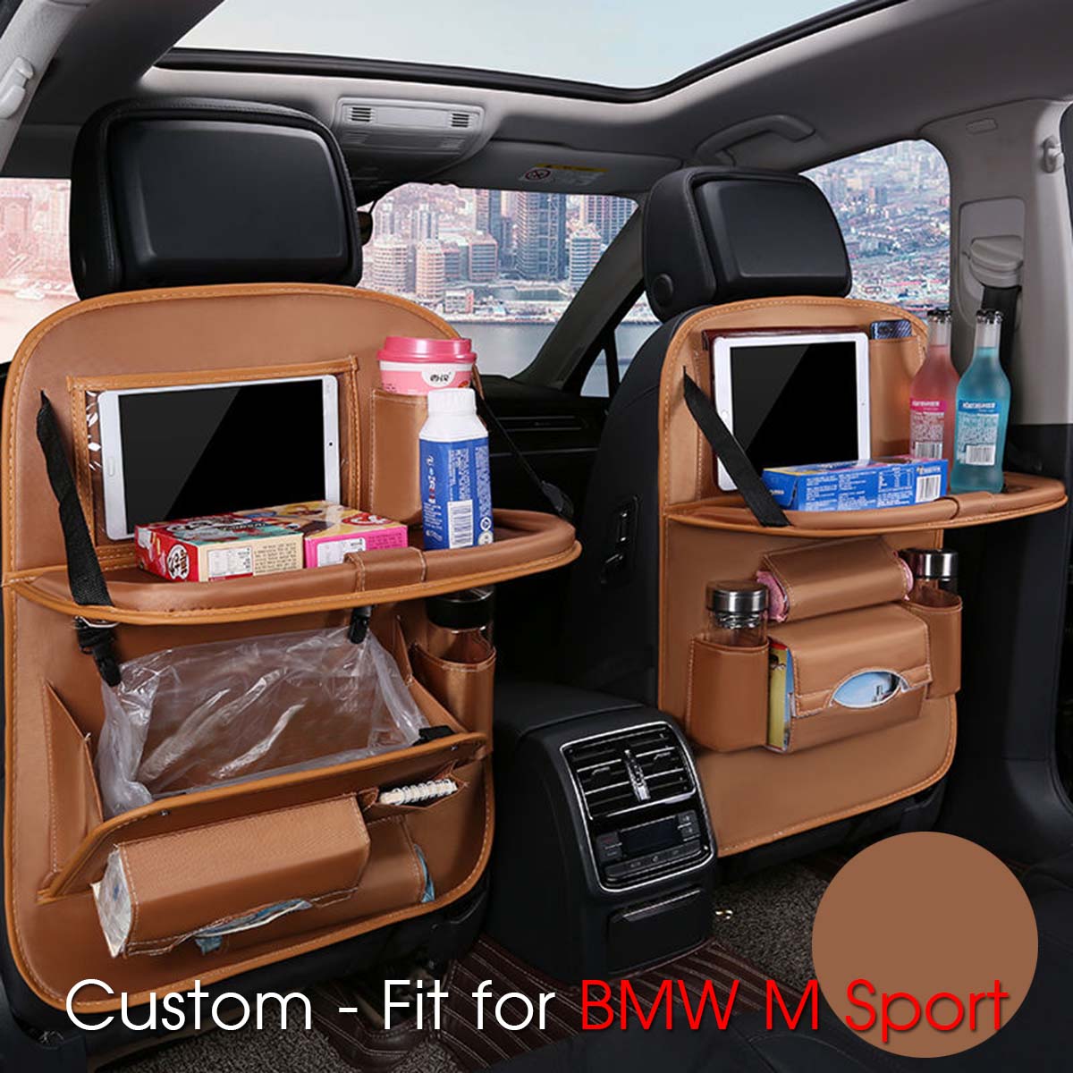 Backseat Organizer With Tablet Holder PU Leather, Custom Fit For Your Cars, Backseat Car Organizer, Car Seat Back Protectors Kick With Foldable Table Tray Car Seat Organizer, Car Accessories KO15987 - Delicate Leather