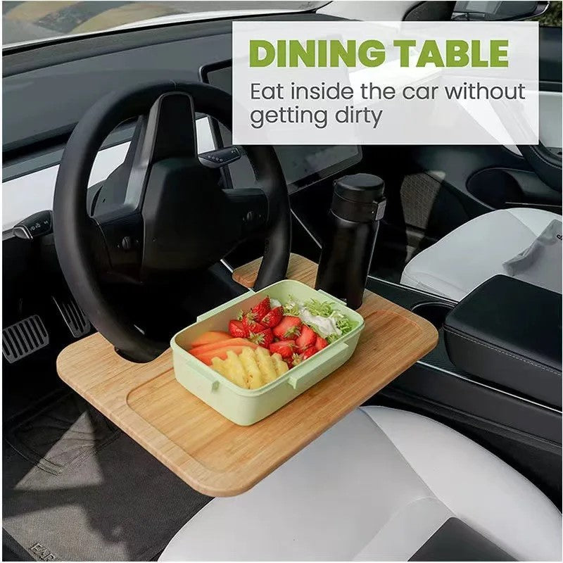 Bamboo Steering Wheel Tray - Portable Car Supplies Cup Holder & Food Table - Delicate Leather