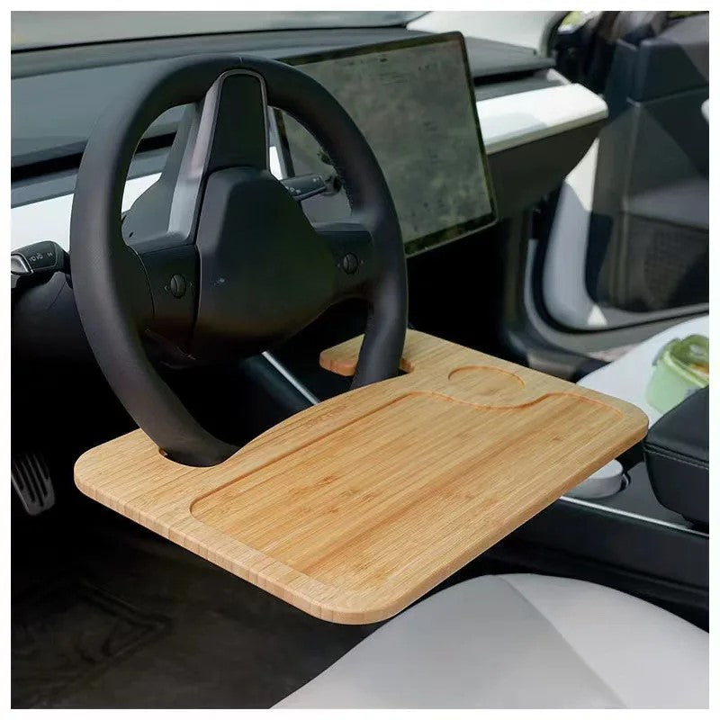 Bamboo Steering Wheel Tray - Portable Car Supplies Cup Holder & Food Table - Delicate Leather