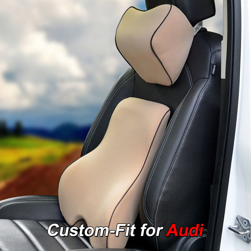 Lumbar Support Cushion for Car and Headrest Neck Pillow Kit, Custom-Fit For Audi, Ergonomically Design for Car Seat, Car Accessories DLRA254 - Delicate Leather