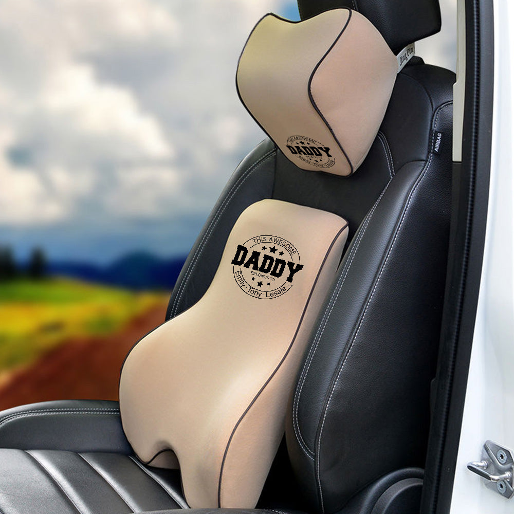 Personalized Lumbar Support Cushion for Car and Headrest Neck Pillow Kit, Happy Father's Day, Custom For Cars, Ergonomically Design for Car Seat, Car Accessories, Gift for Daddy - Delicate Leather