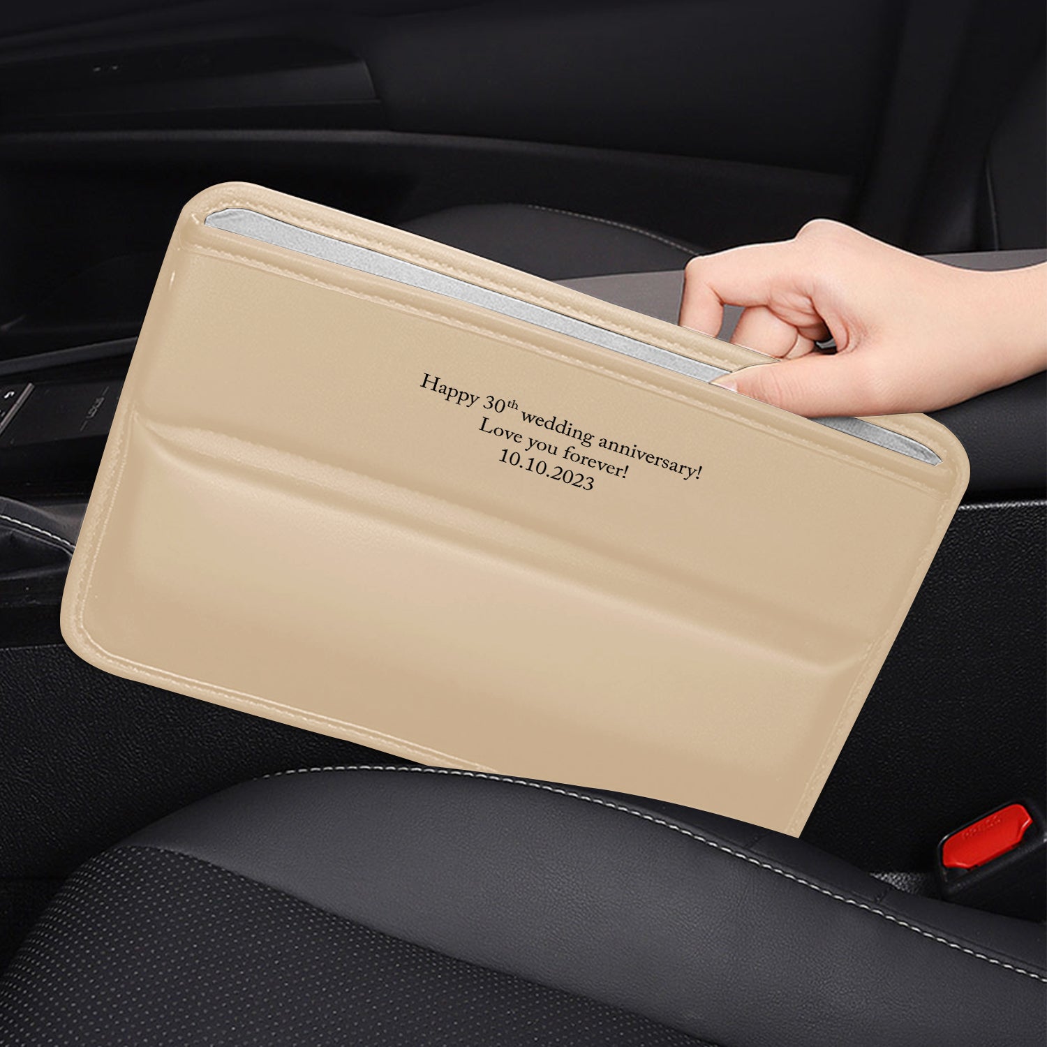 Personalized Anniversary Date Car Seat Gap Filler Organizer, Happy Anniversary Car Seat Gap Filler ,Custom-Fit For Car, Multifunctional PU Leather Console Side Pocket Organizer for Cellphones, Cards, Wallets, Keys, Anniversary For Wife Husband 11 - Delicate Leather