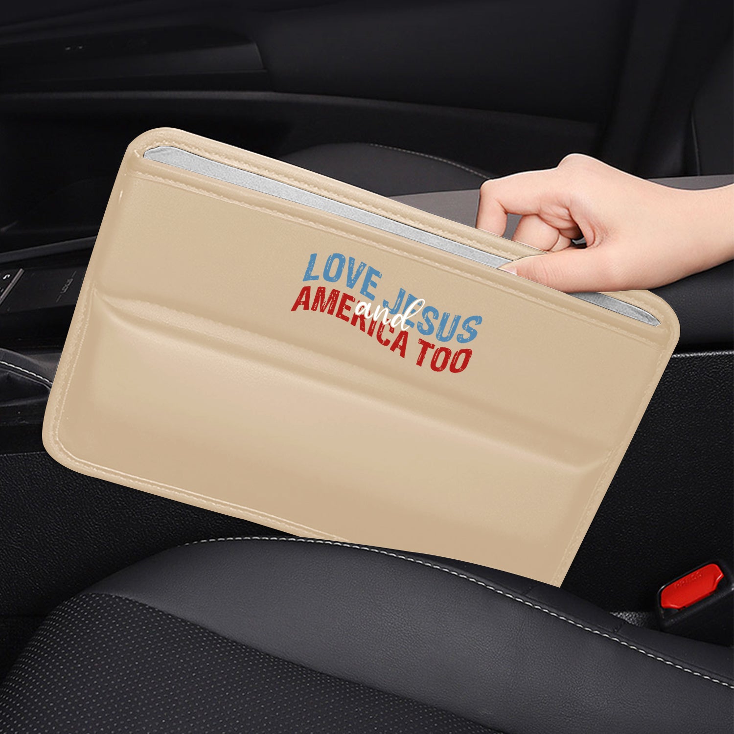 Love Jesus And America Too Car Seat Gap Filler Organizer, Custom-Fit For Car, Multifunctional PU Leather Console Side Pocket Organizer for Cellphones, Cards, Wallets, Keys, Retro 4th of July 05 - Delicate Leather