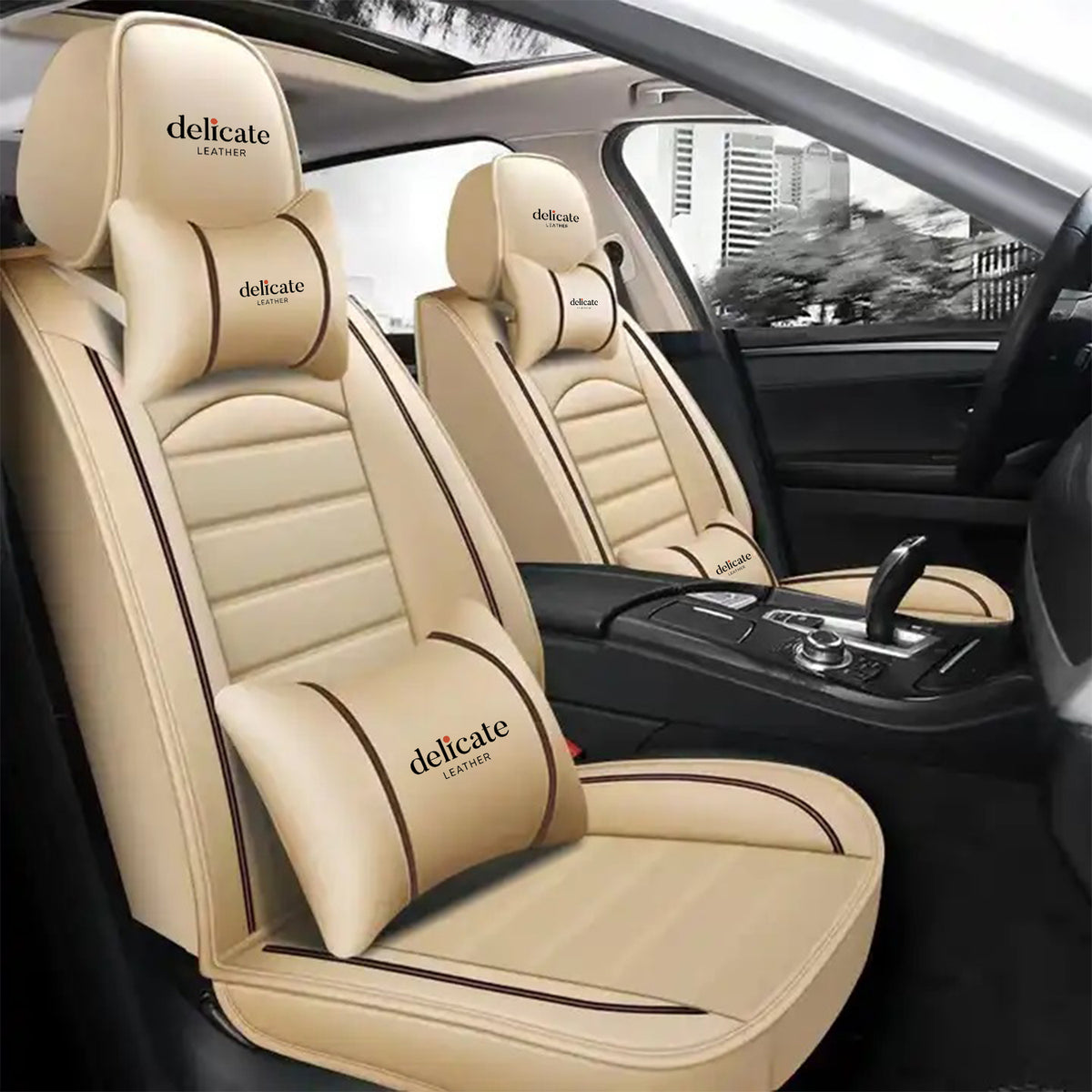 Luxury Leather Front + Rear Car Seat Covers 5-Seats Cushion Full Set Universal e Luxury Leather Front + Rear Car Seat Covers 5-Seats Cushion Full Set Universal e