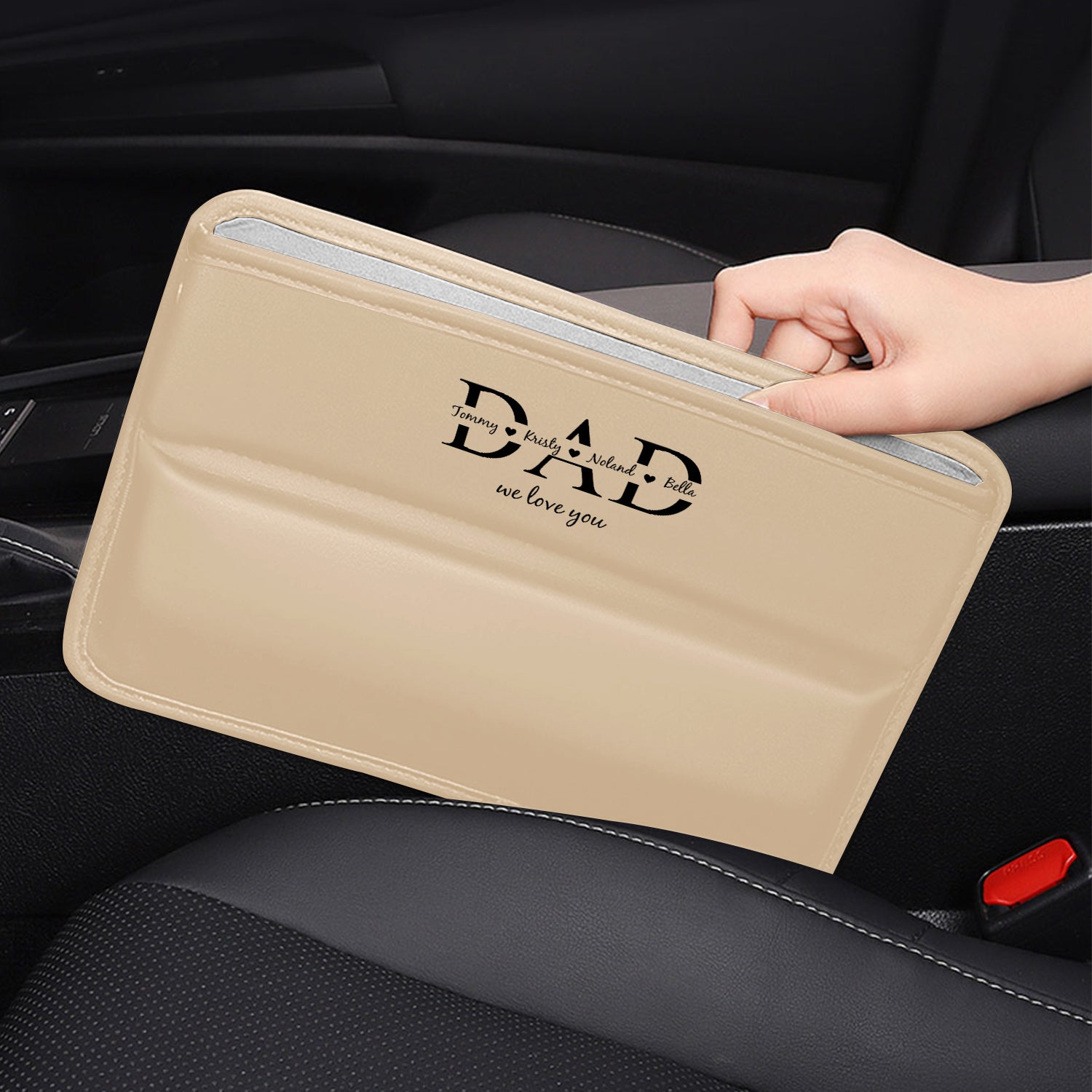 Personalized Car Seat Gap Filler Organizer, Happy Father's Day, Custom FIt For Your Cars, Multifunctional PU Leather Console Side Pocket Organizer for Cellphones, Cards, Wallets, Keys, Gift for Daddy - Delicate Leather