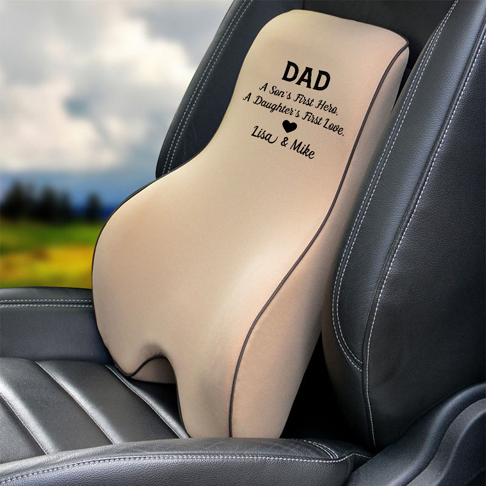Personalized Lumbar Support Cushion for Car and Headrest Neck Pillow Kit, Happy Father's Day, Custom For Cars, Ergonomically Design for Car Seat, Car Accessories, Gift for Daddy - Delicate Leather