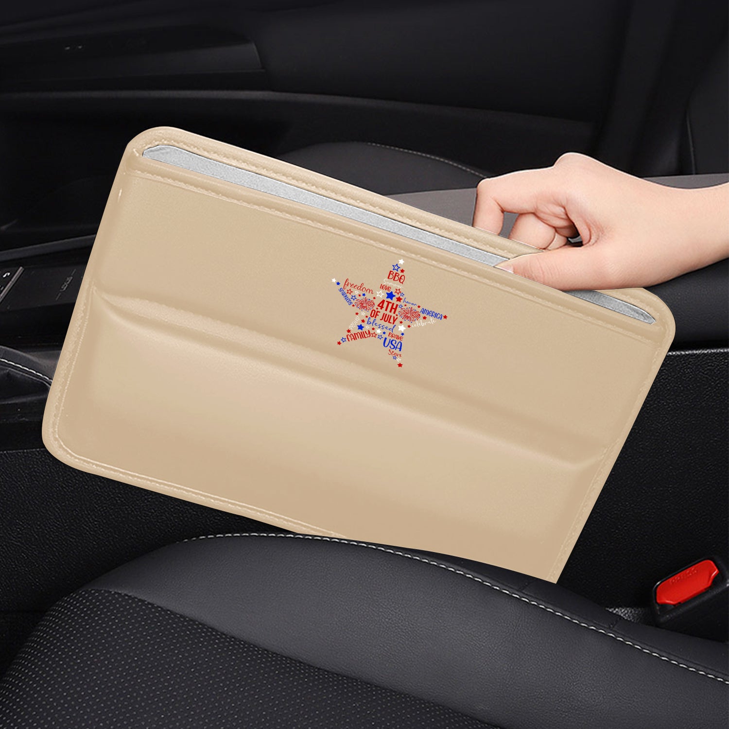 Fourth of July Car Seat Gap Filler Organizer, Custom-Fit For Car, Multifunctional PU Leather Console Side Pocket Organizer for Cellphones, Cards, Wallets, Keys, American Flag Star 07 - Delicate Leather