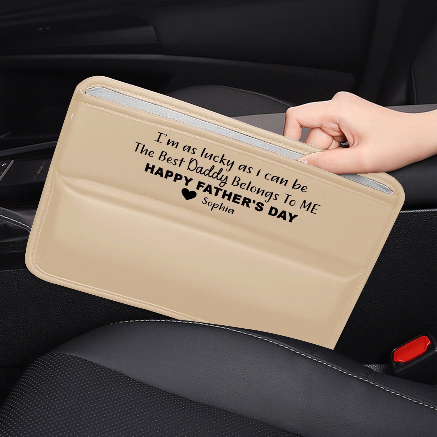 Personalized Car Seat Gap Filler Organizer, Happy Father's Day, Custom FIt For Your Cars, Multifunctional PU Leather Console Side Pocket Organizer for Cellphones, Cards, Wallets, Keys, Gift for Daddy - Delicate Leather