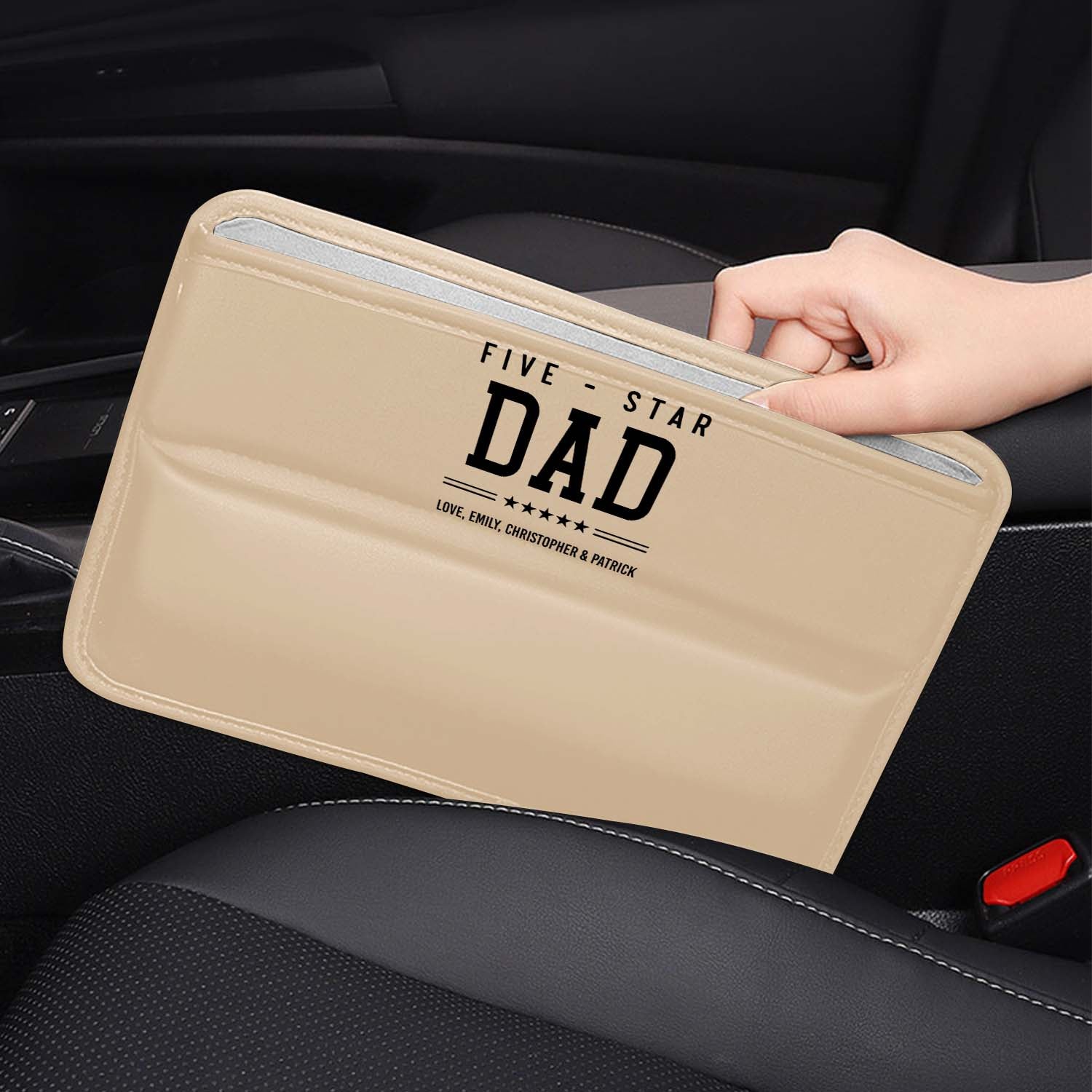 Personalized Car Seat Gap Filler Organizer, Happy Father's Day, Custom FIt For Your Cars, Multifunctional PU Leather Console Side Pocket Organizer for Cellphones, Cards, Wallets, Keys, Gift for Daddy - Delicate Leather