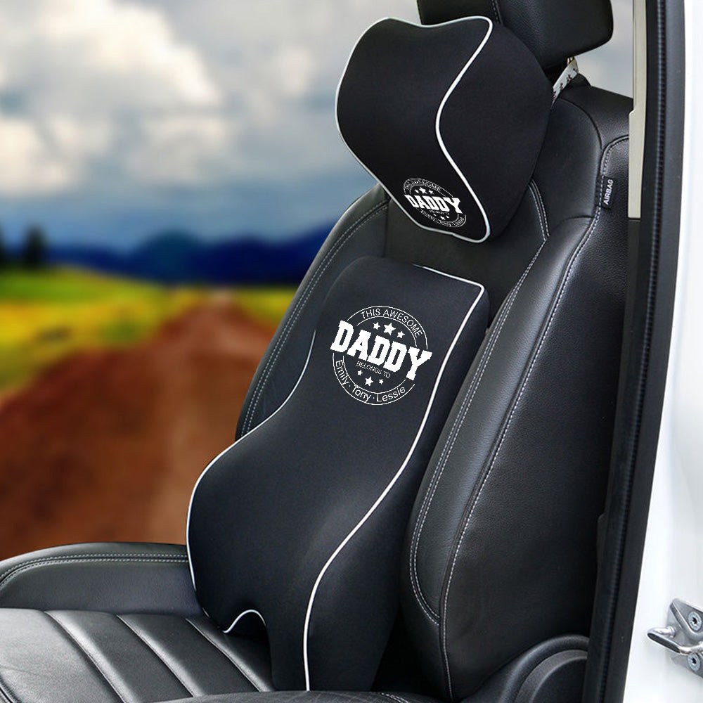 Personalized Lumbar Support Cushion for Car and Headrest Neck Pillow Kit, Happy Father's Day, Custom For Cars, Ergonomically Design for Car Seat, Car Accessories, Gift for Daddy - Delicate Leather