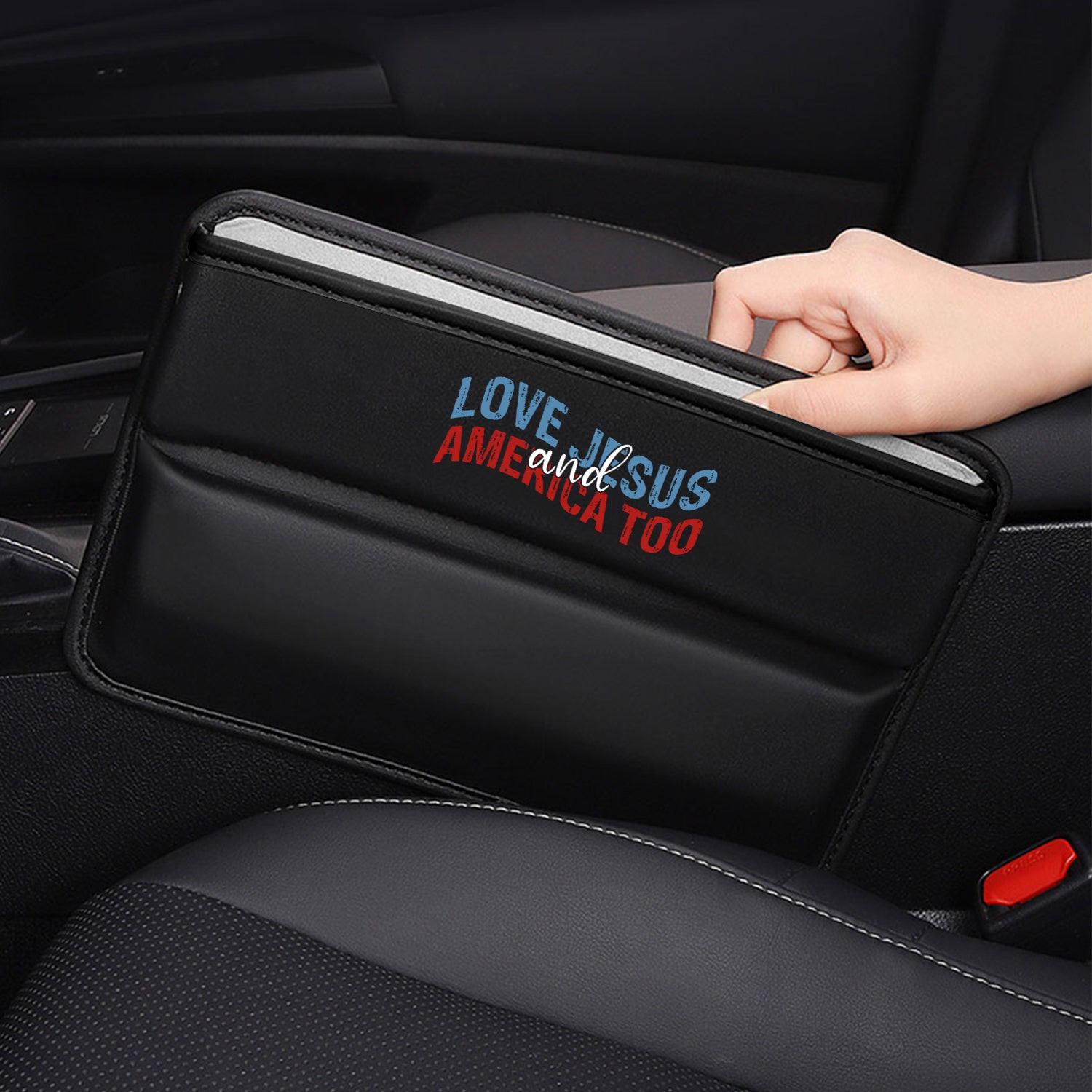 Love Jesus And America Too Car Seat Gap Filler Organizer, Custom-Fit For Car, Multifunctional PU Leather Console Side Pocket Organizer for Cellphones, Cards, Wallets, Keys, Retro 4th of July 05 - Delicate Leather