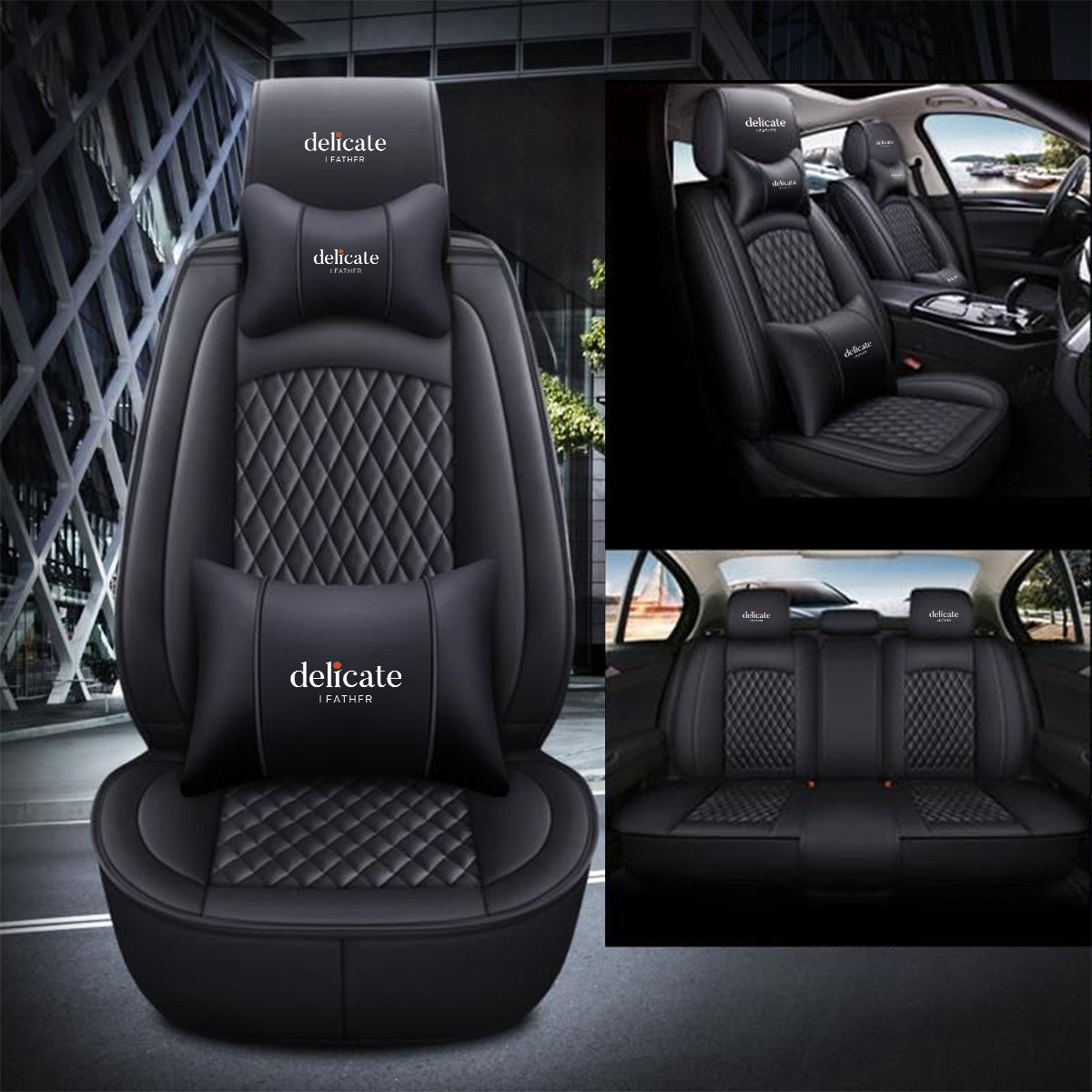 Delicate Leather Car Seat Covers Full Set, Custom For All Cars, Waterproof Leather Front Rear Seat Automotive Protection Cushions - Delicate Leather