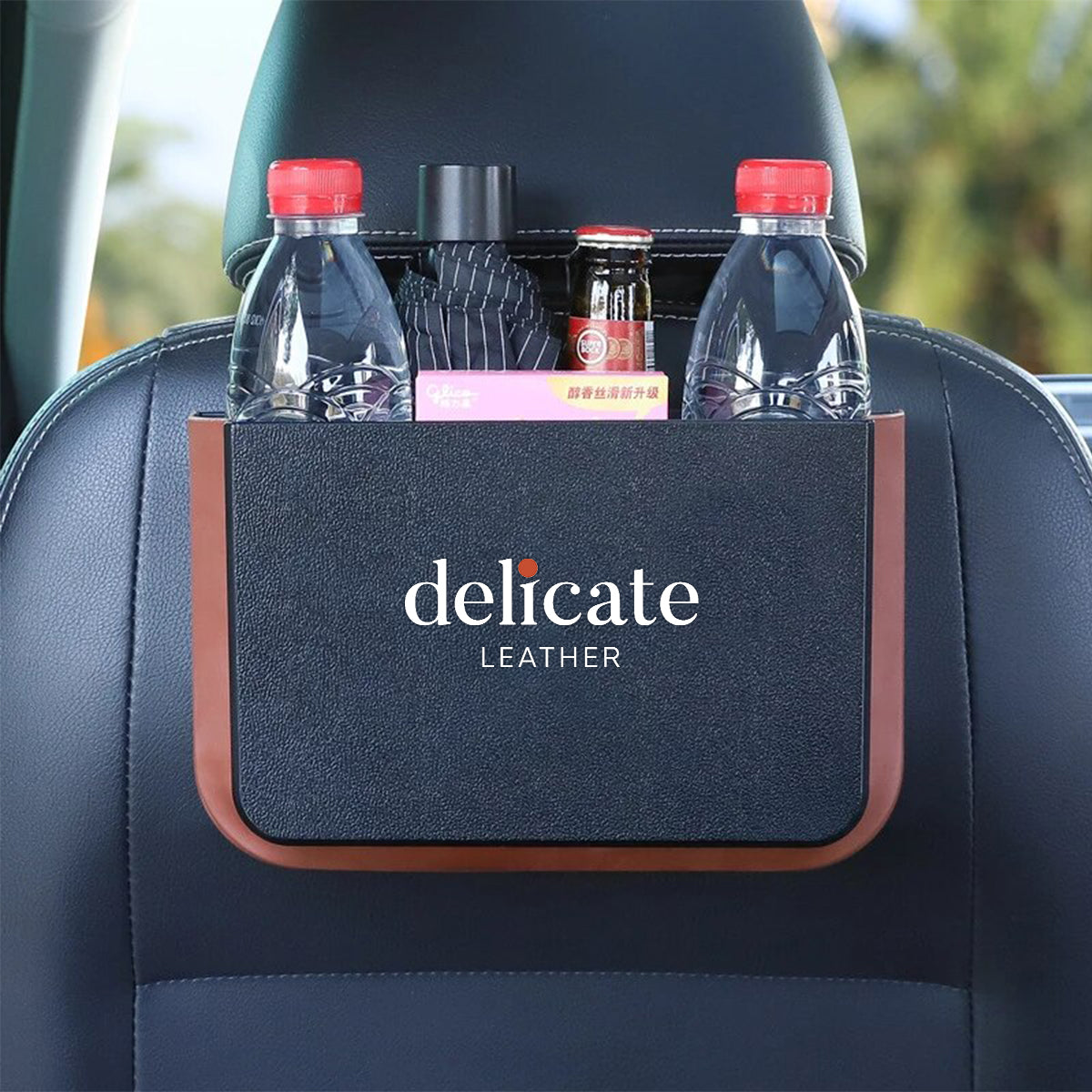 Delicate Leather Hanging Waterproof Car Trash can-Foldable, Custom For Your Cars, Waterproof, and Equipped with Cup Holders and Trays. Multi-Purpose, Car Accessories CC11992 - Delicate Leather