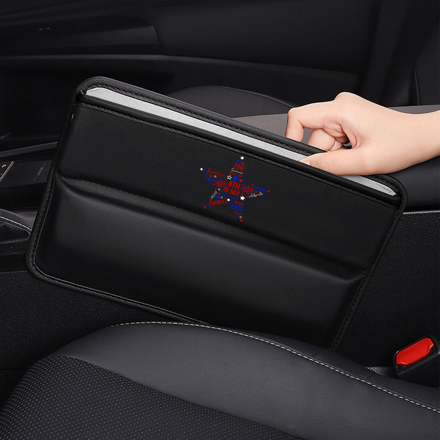 Fourth of July Car Seat Gap Filler Organizer, Custom-Fit For Car, Multifunctional PU Leather Console Side Pocket Organizer for Cellphones, Cards, Wallets, Keys, American Flag Star 07 - Delicate Leather