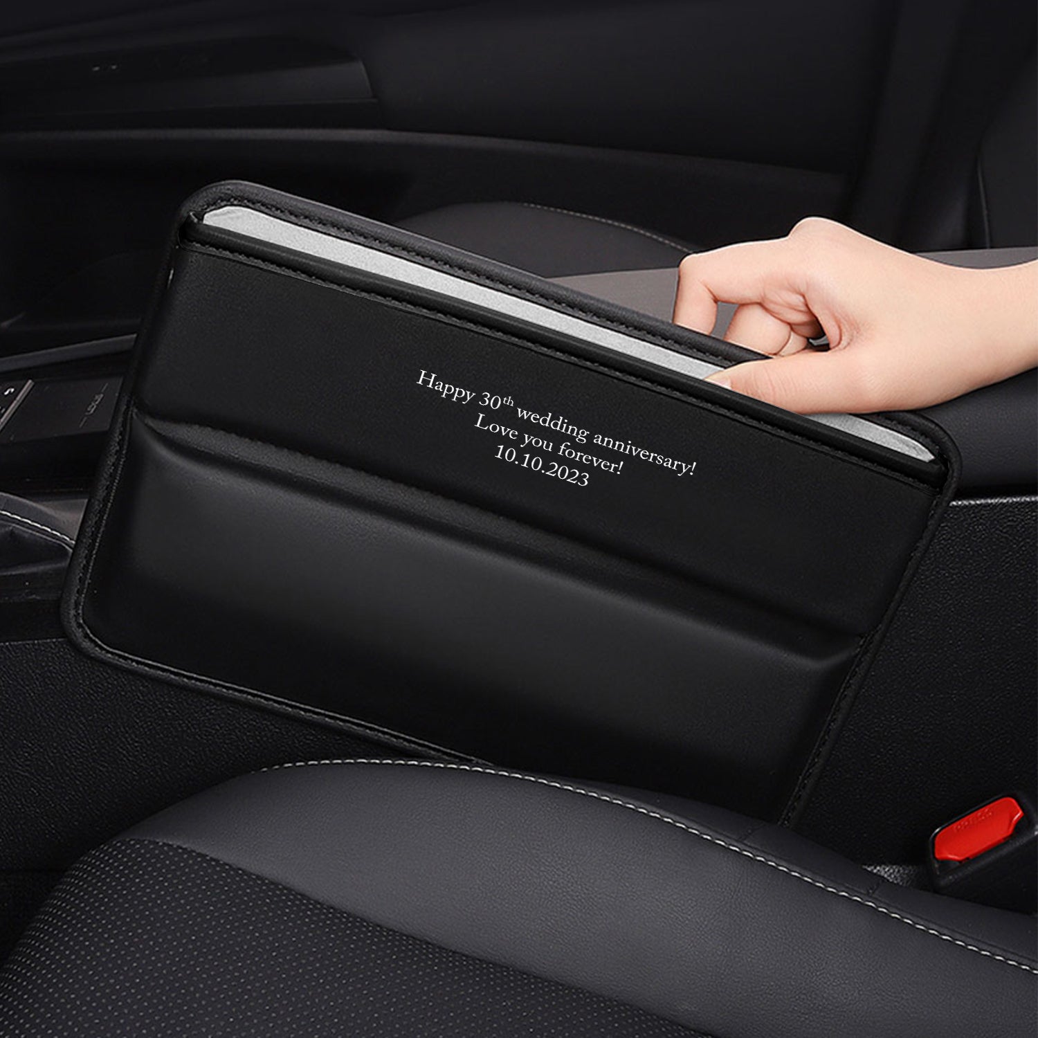 Personalized Anniversary Date Car Seat Gap Filler Organizer, Happy Anniversary Car Seat Gap Filler ,Custom-Fit For Car, Multifunctional PU Leather Console Side Pocket Organizer for Cellphones, Cards, Wallets, Keys, Anniversary For Wife Husband 11 - Delicate Leather