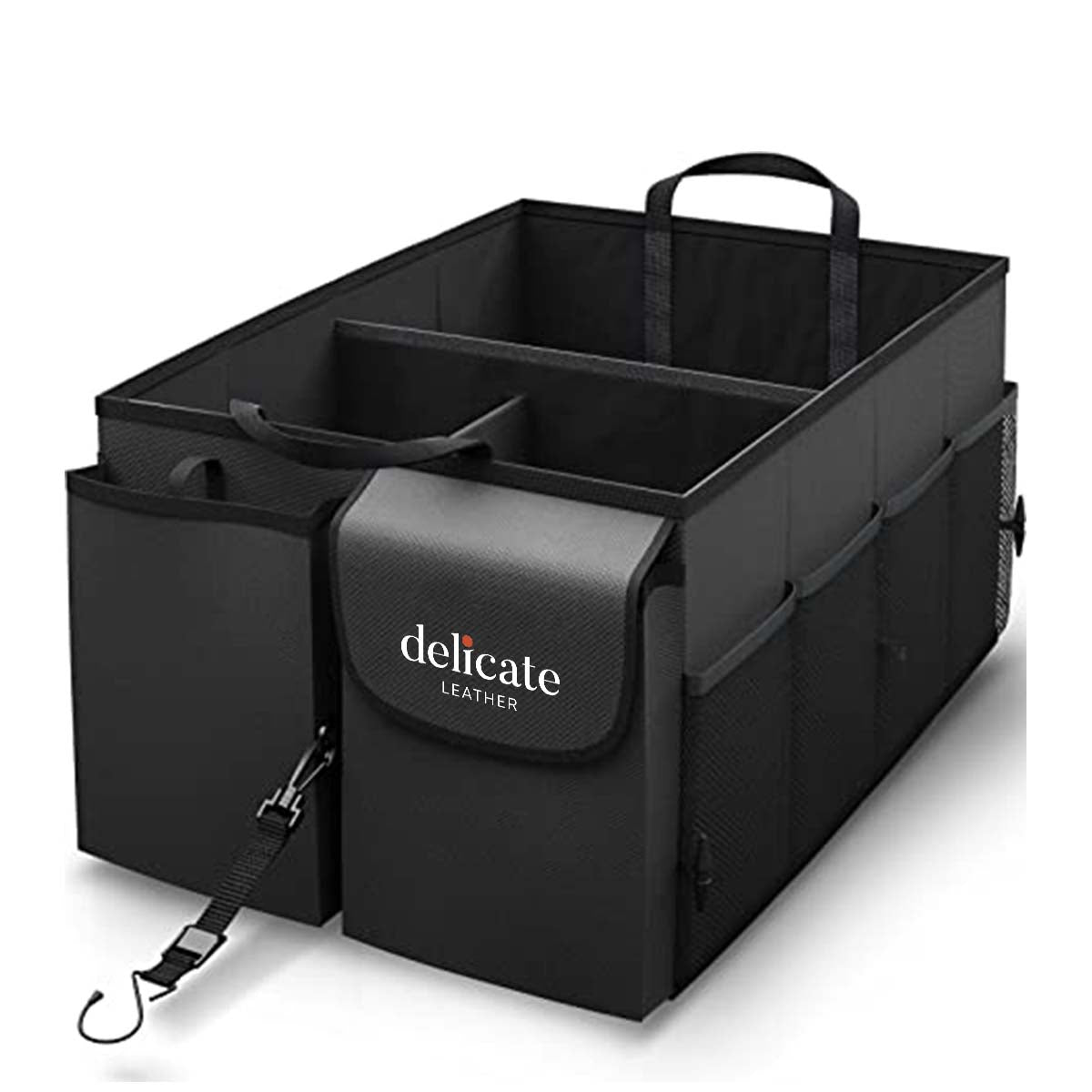 Delicate Leather Car Trunk Organizer - Collapsible, Custom fit for All Cars, Multi-Compartment Automotive SUV Car Organizer for Storage w/ Adjustable Straps - Car Accessories for Women and Men WQ12993