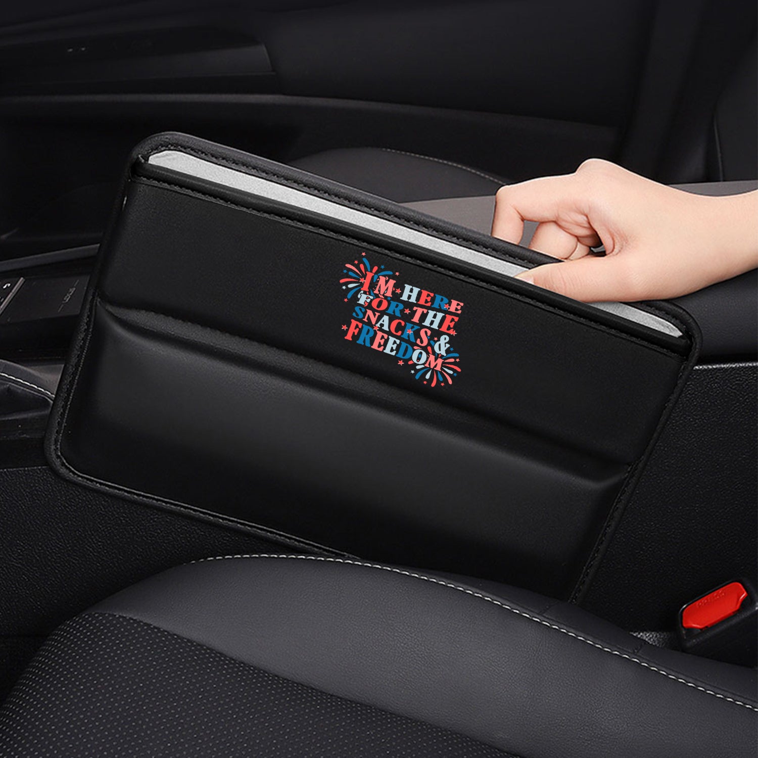 I'm Here for The Snacks and Freedom Car Seat Gap Filler Organizer, Custom For All Cars, Multifunctional Pu Leather Console Side Pocket Organizer For Cellphones, Cards, Wallets, Keys, Retro 4th of July 01, Gift For Dad - Delicate Leather