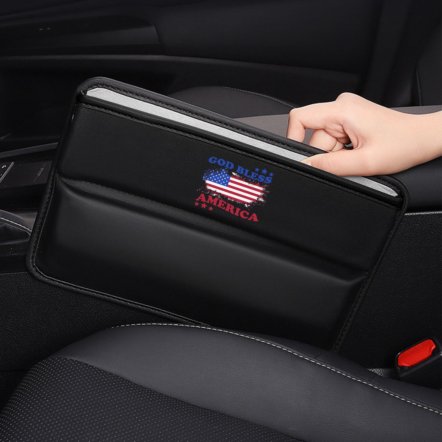 God Bless America Car Seat Gap Filler Organizer, Custom-Fit For Car, Multifunctional PU Leather Console Side Pocket Organizer for Cellphones, Cards, Wallets, Keys, 4th of July 09 - Delicate Leather
