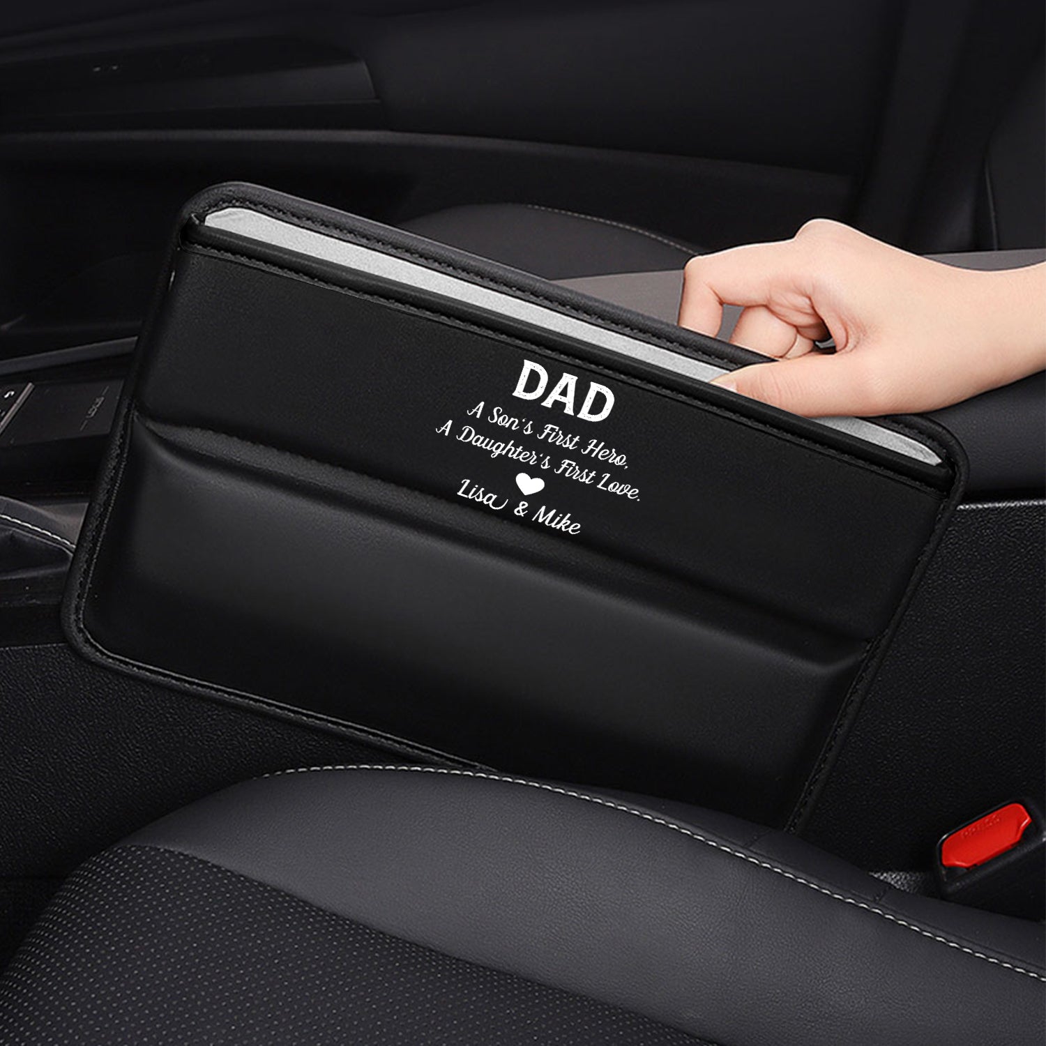 Personalized Car Seat Gap Filler Organizer, Happy Father's Day, Custom FIt For Your Cars, Multifunctional PU Leather Console Side Pocket Organizer for Cellphones, Cards, Wallets, Keys, Gift for Daddy - Delicate Leather