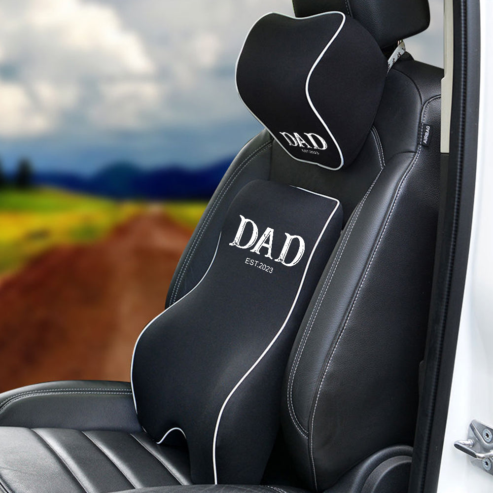 Personalized Lumbar Support Cushion for Car and Headrest Neck Pillow Kit, Custom For Cars, Daddy Est Year Lumbar Support Cushion, Happy Father's Day, Car Accessories - Delicate Leather