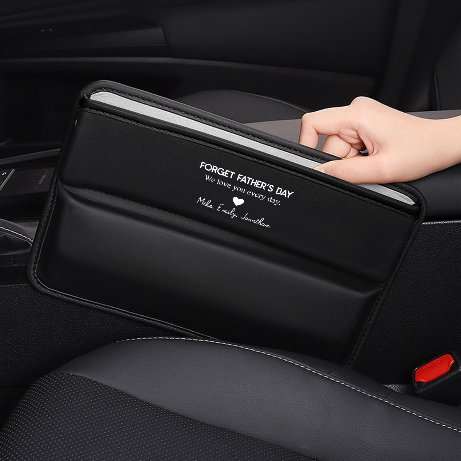 Personalized Car Seat Gap Filler Organizer, Happy Father's Day, Custom FIt For Your Cars, Multifunctional PU Leather Console Side Pocket Organizer for Cellphones, Cards, Wallets, Keys, Gift for Daddy - Delicate Leather
