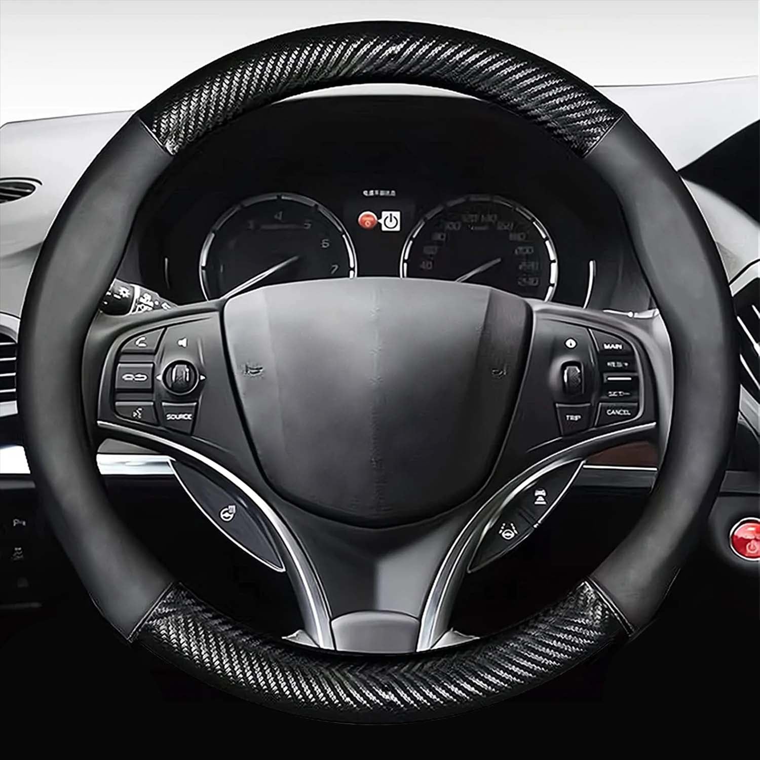15" Black Leather Carbon Fiber Car Steering Wheel Cover Non-slip Accessories