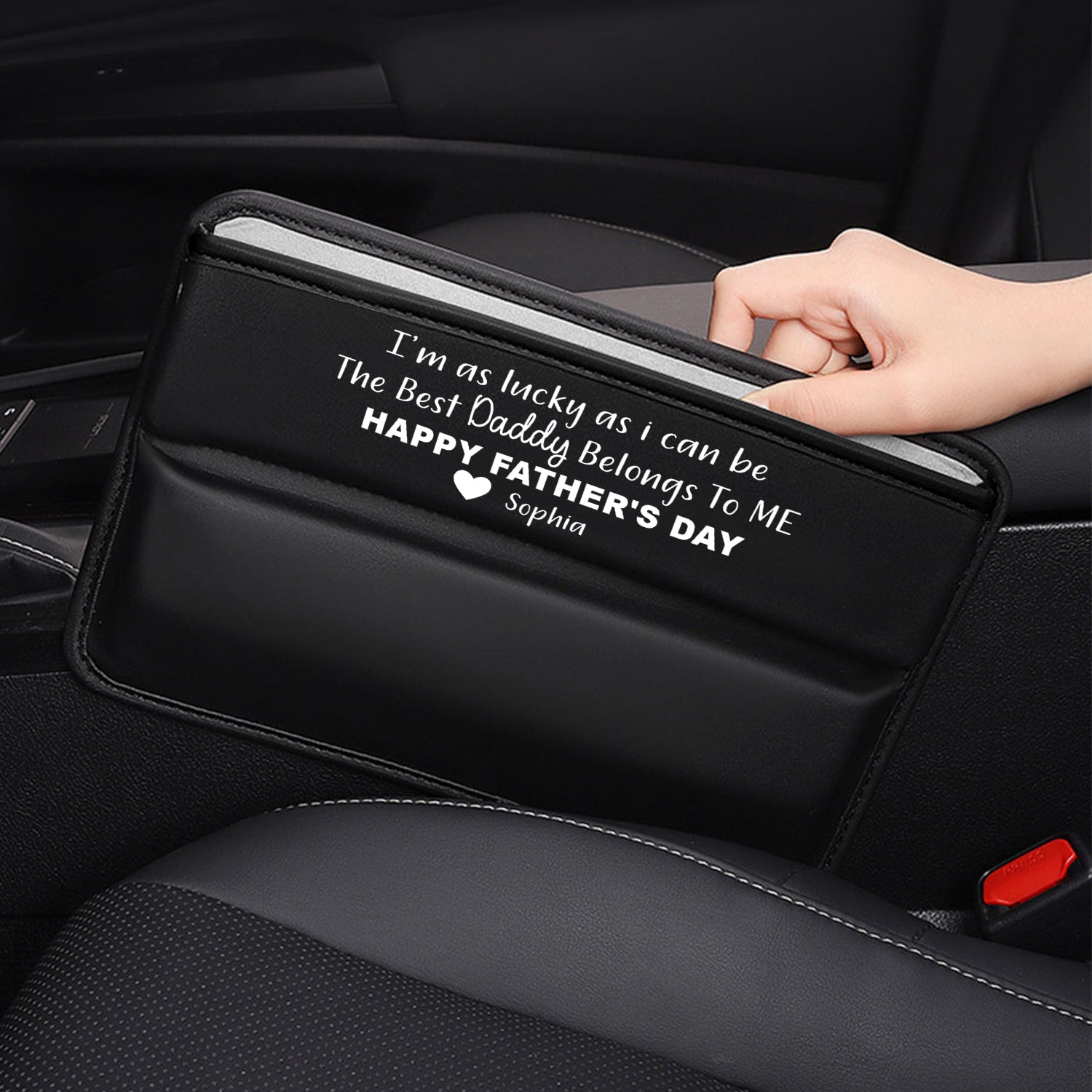 Personalized Car Seat Gap Filler Organizer, Happy Father's Day, Custom FIt For Your Cars, Multifunctional PU Leather Console Side Pocket Organizer for Cellphones, Cards, Wallets, Keys, Gift for Daddy - Delicate Leather