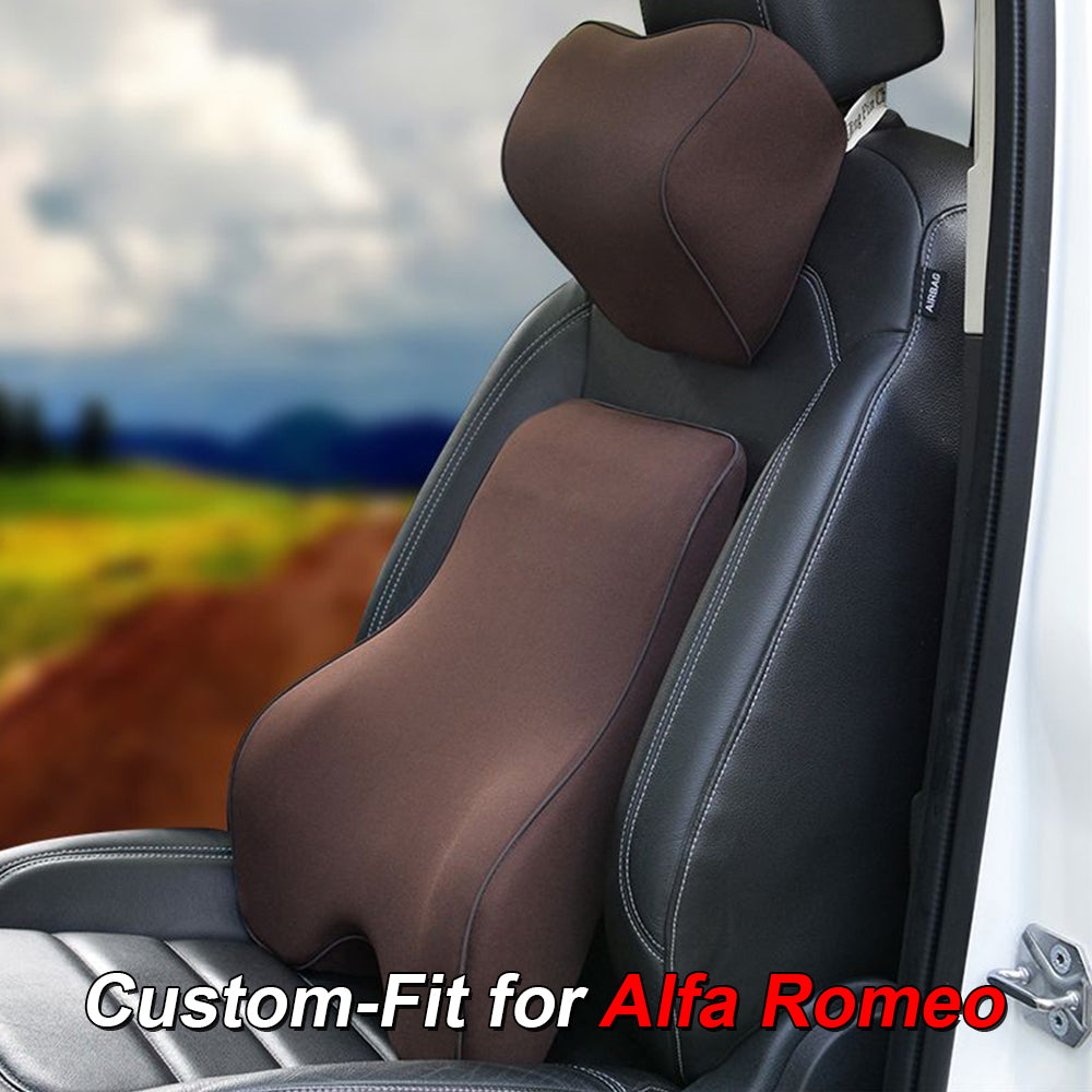 Lumbar Support Cushion for Car and Headrest Neck Pillow Kit, Custom-Fit For Alfa Romeo, Ergonomically Design for Car Seat, Car Accessories DLAR254 - Delicate Leather