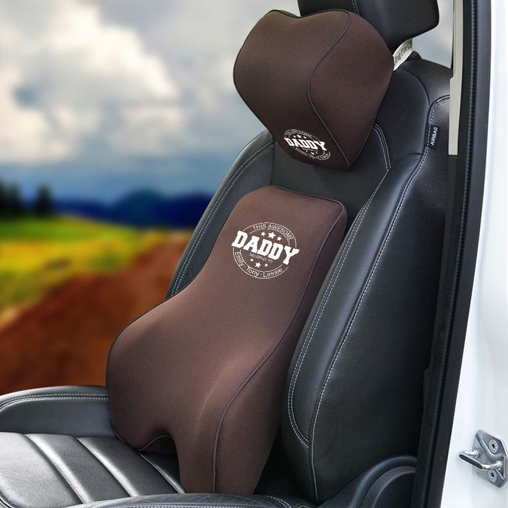 Personalized Lumbar Support Cushion for Car and Headrest Neck Pillow Kit, Happy Father's Day, Custom For Cars, Ergonomically Design for Car Seat, Car Accessories, Gift for Daddy - Delicate Leather